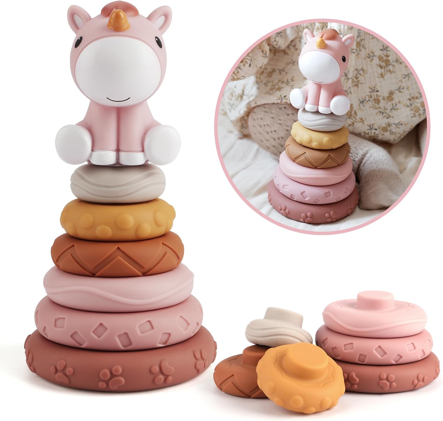 610PqKdDyZL._AC_SL1500_.jpg 7 Pcs ing & Nesting Baby Toys, Squeeze Teething Toys and Building Circle with Pink Horse Figure, Newborn Essentials for 6 12 18 Months Toddler Girls - Image 1