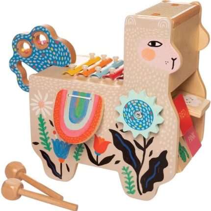 Wooden Instrument for Toddlers with Maraca, Clacking Saddlebags, Drumsticks, Washboard & Xylophone