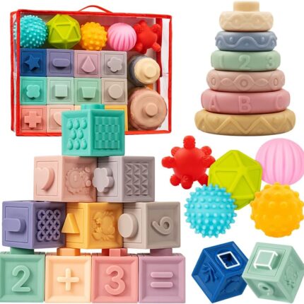 Baby Toys 6-12 Months,  Toy for Babies 6-12 Months, Incl ing Building Blocks & Soft Infant Teething Toys & Sensory Balls for Toddlers 0-3-6-9-12 Month