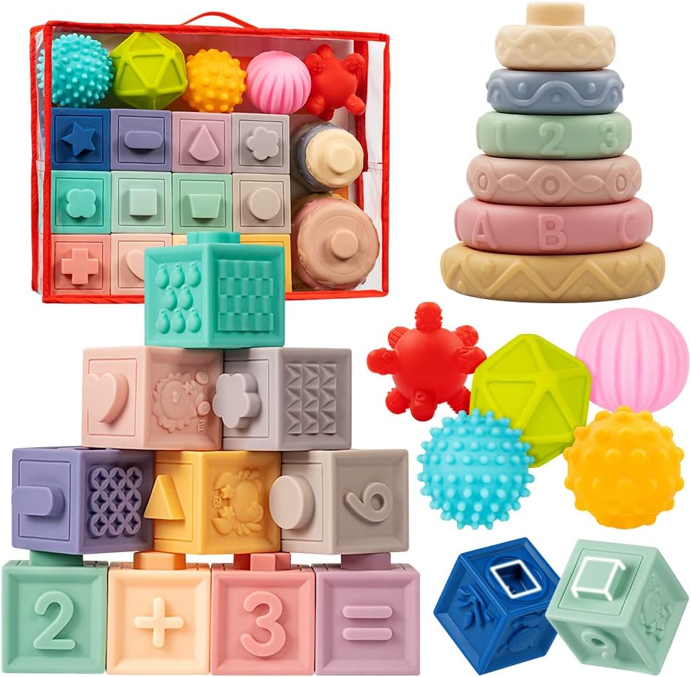 61PQHP4G7TL._AC_SL1000_.jpg Baby Toys 6-12 Months, Toy for Babies 6-12 Months, Incl ing Building Blocks & Soft Infant Teething Toys & Sensory Balls for Toddlers 0-3-6-9-12 Month - Image 1