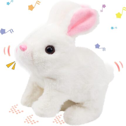 Hopping Rabbit Interactive Electronic Pet Plush Bunny Toy with Sounds and Movements Animated Walking Wiggle Ears Twitch Nose Gift for Toddlers Birthday, White, 7''