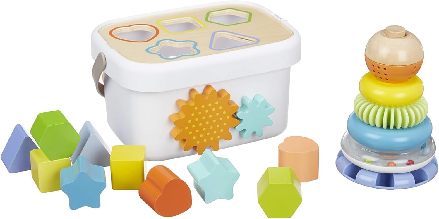 61ZnUquTtKL._AC_SL1500_.jpg Wooden Shape Sorter and Rainbow er Classic Baby Toy Set-Sorting Play For Infants Age 12M+, Medium, Multicolor - Image 1