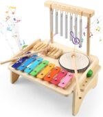 Kids Drum Set,Baby Musical Instrument for Toddler,Wooden Xylophone for Toddlers with Baby Drum Set and Wind Chime,Montessori Musical Instruments Toys for Kids,Musical Toys for Toddlers Birthday Gift