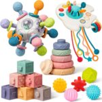 Baby Toys 6 to 12 Months, 5 In 1  Toys for 1 Year Old, Incl Travel Pull String Toy & Rattle Teether & ing Baby Block & Soft Infant Ring & Sensory Ball for Toddler 0-3-6-9-12 Month