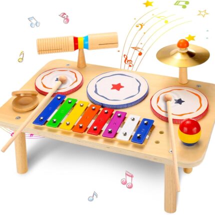 Kids Drum Set, Baby Musical Instruments Toys for Toddlers, 9 in 1 Wooden Xylophone Toddler Drum Set Percussion Instruments Musical Toys Birthday Gifts for Children Boys and Girls