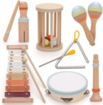 Baby Musical Instruments,Montessori Wooden Percussion Instruments Toy for Toddlers1-3, with Modern Boho Xylophone Tambourine for Kids Preschool Educational 3+ Christmas Birthday Gifts