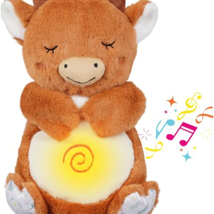 Breathing Stuffed Animal, Cow Plush, Sleeping Plush for Kids Toy Birthday Gift with Sensory Details Musical Lights and Rhythmic Breathing Sleep Companion (Brown)
