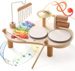 Wooden Musical Instruments for Toddlers 1-3, Percussion Instruments for Kids Baby Drum Set Xylophone, Montessori Educational Musical Toys, Gifts for Girls Boys Ages 3+