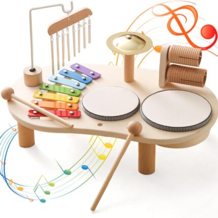 Wooden Musical Instruments for Toddlers 1-3, Percussion Instruments for Kids Baby Drum Set Xylophone, Montessori Educational Musical Toys, Gifts for Girls Boys Ages 3+