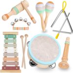 Musical Instruments Set - Neutral Colors Wooden Montessori Toys Percussion Music Modern Boho Xylophone Birthday Gifts for 1 2 3 Year Old Kids Baby Toddlers Boys Girls 3+ with Storage Bag