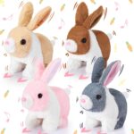 4 Pcs Easter Interactive Bunny Toys for Kids 7" Realistic Hopping Rabbit Plush Stuffed Electronic Walking Barking and Wagging Tail Bunny Toys for Birthday Easter Gift(Short Hair Rabbit)