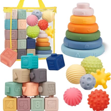 Toys for Babies,Soft ing Building Blocks Rings Balls Sets,3 in 1 Baby Toy Bundle,Sensory Toy for 6-12 Months, Soft Teething Toys for Babies,Baby Gifts for Boy Girl