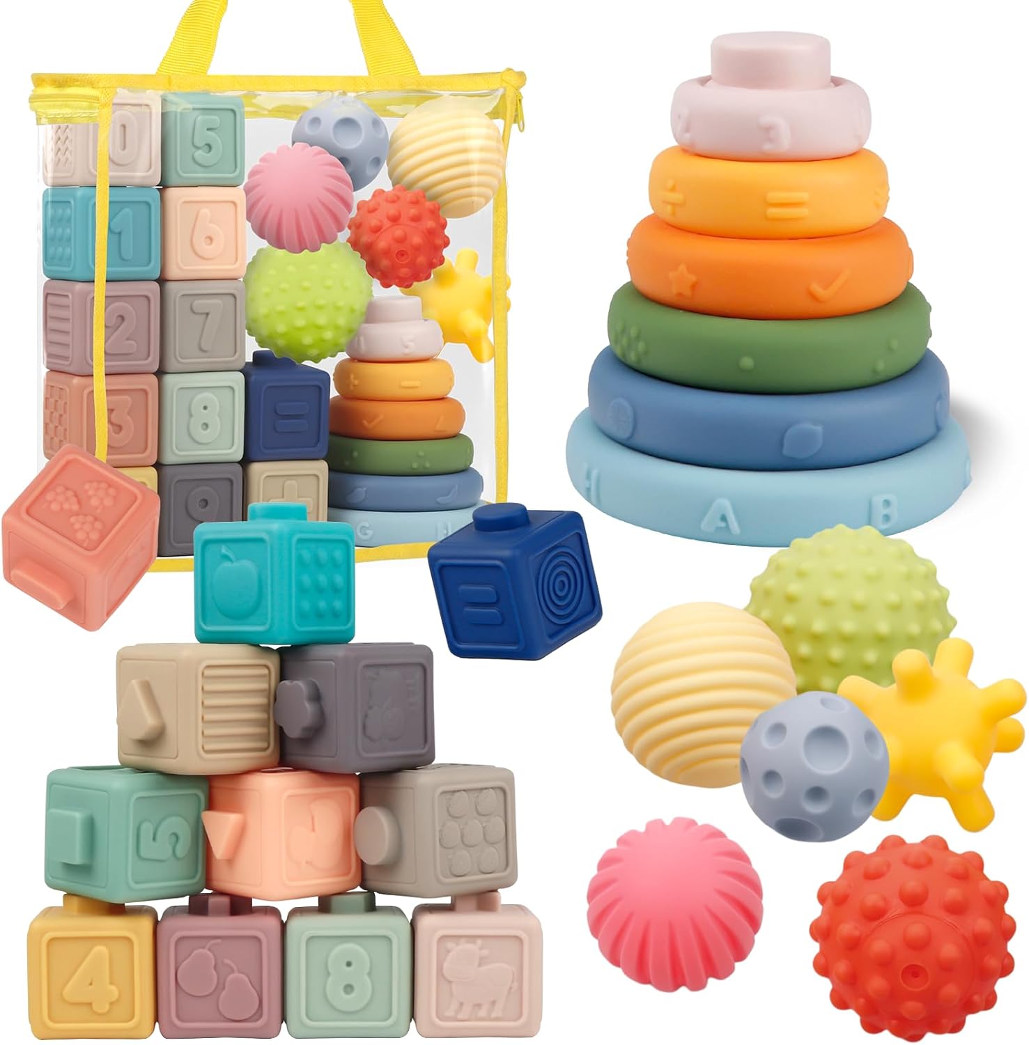 71wpHtScRqL._AC_SL1500_.jpg Toys for Babies,Soft ing Building Blocks Rings Balls Sets,3 in 1 Baby Toy Bundle,Sensory Toy for 6-12 Months, Soft Teething Toys for Babies,Baby Gifts for Boy Girl - Image 1