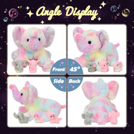 LED Musical Stuffed Colorful Elephant Light up Singing Plush Toy Playset Mommy Elephant with 3 Baby Elephish in her Tummy Adjustable Volume Lullaby Animated Soothe Gifts for Kids, 18''