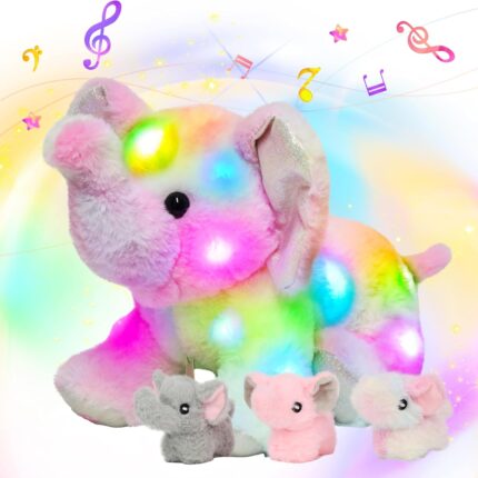 LED Musical Stuffed Colorful Elephant Light up Singing Plush Toy Playset Mommy Elephant with 3 Baby Elephish in her Tummy Adjustable Volume Lullaby Animated Soothe Gifts for Kids, 18''