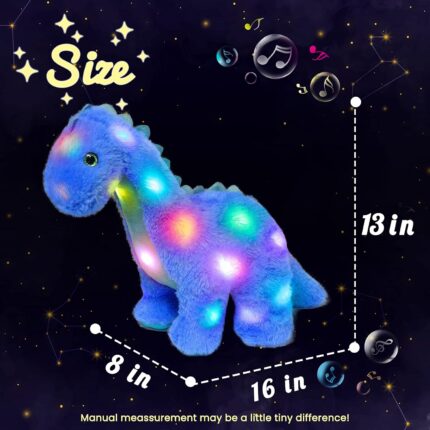 LED Musical Stuffed Dinosaur Lighting Up Singing Diplodocus Soft Plush Toy with Long Neck Adjustable Volume Lullaby Animated Soothe Gifts for Kids Toddlers, Blue, 16''
