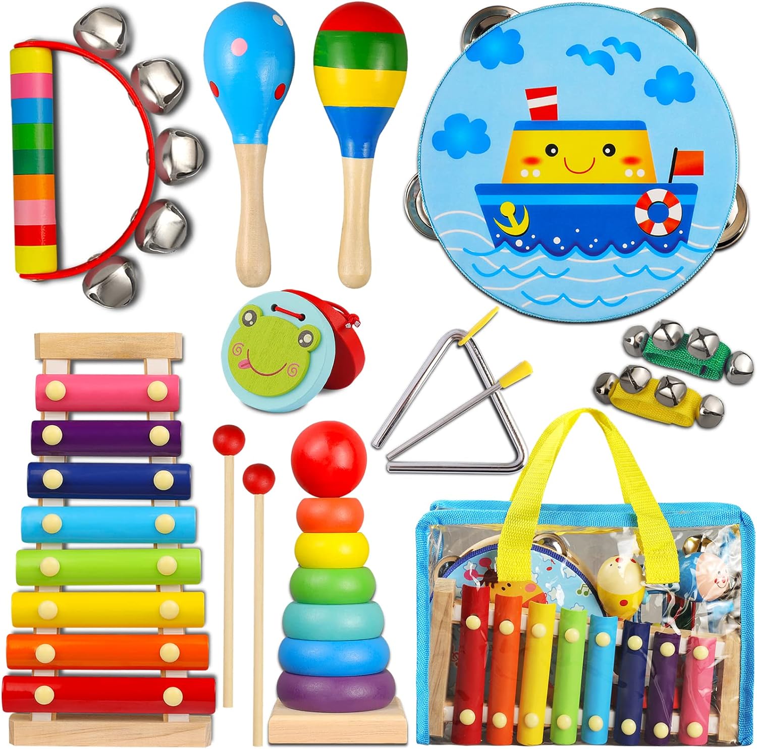 81e8yb3DpUL._AC_SL1500_.jpg Toddler Musical Instruments Set Wooden Percussion Instruments Toy for Kids Baby Preschool Educational Musical Toys for Boys and Girls with Storage Bag - Image 1