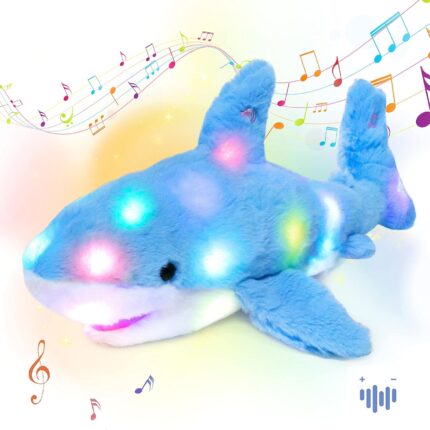 LED Musical Stuffed Shark Lighting Up Singing Plush Toy Adjustable Volume Lullaby Animated Soothe Birthday Festival for Kids Toddler Girls, Blue, 11''