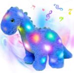 LED Musical Stuffed Dinosaur Lighting Up Singing Diplodocus Soft Plush Toy with Long Neck Adjustable Volume Lullaby Animated Soothe Gifts for Kids Toddlers, Blue, 16''