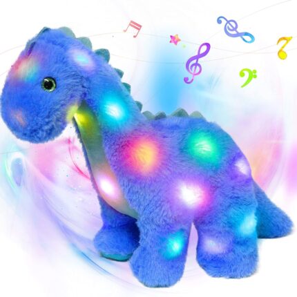 LED Musical Stuffed Dinosaur Lighting Up Singing Diplodocus Soft Plush Toy with Long Neck Adjustable Volume Lullaby Animated Soothe Gifts for Kids Toddlers, Blue, 16''