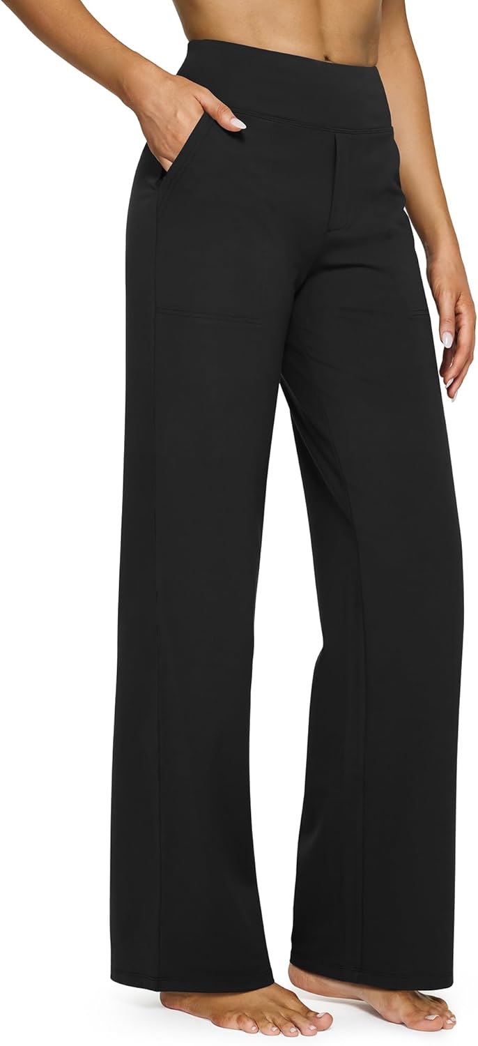 51FbAdOJGaL._AC_SL1500_.jpg Yoga Pants for Women Wide Leg Pants with Pockets High Waisted | Moisture Wicking, Soft Comfortable Feel, 4-Way Stretch, Faux Fly, Faux Back Pockets, Yoga, Work & Casual Wear - Image 1