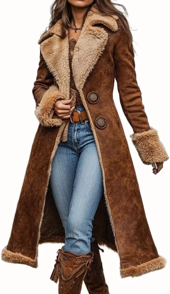 61J-1o3v1mL._AC_SL1001_.jpg Women's Faux Suede Sherpa Lined Midi Long Jacket Fce Notch Lapel Winter Trench Coat - Image 1