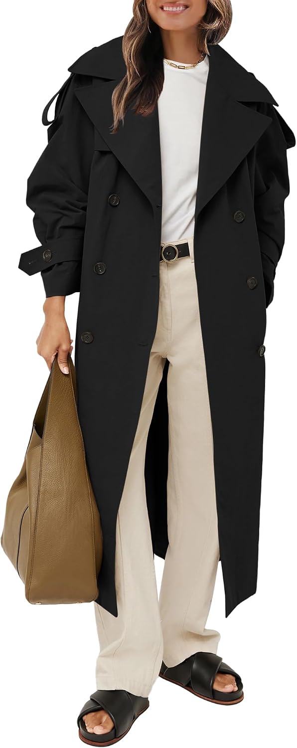 61L12xeExzL._AC_SL1500_.jpg Womens Oversized Long Trench Coat Double Breasted Lapel Windproof | Classic Overcoat with Belt,Outerwear Coat,Long Sve Elegant Coat with Pocket - Image 1