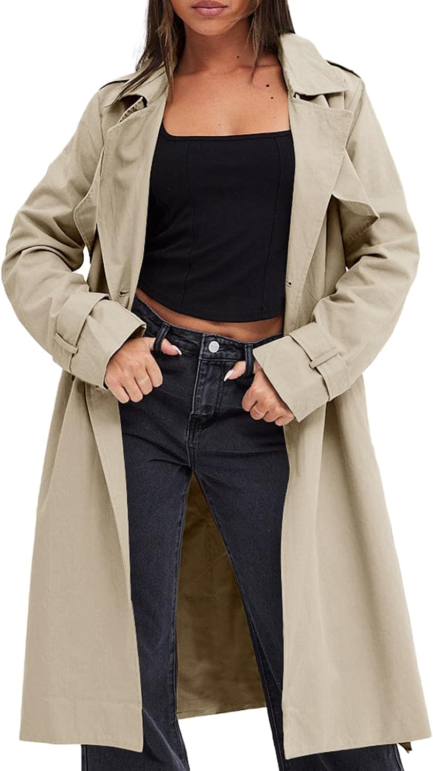 61S9XVgMrJL._AC_SL1500_.jpg Womens Double Breasted Trench Coats Long Lapel Overcoat With Belt | Casual Windproof Pocketed Coats,Classic,Spring,Fall Trench Jackets - Image 1