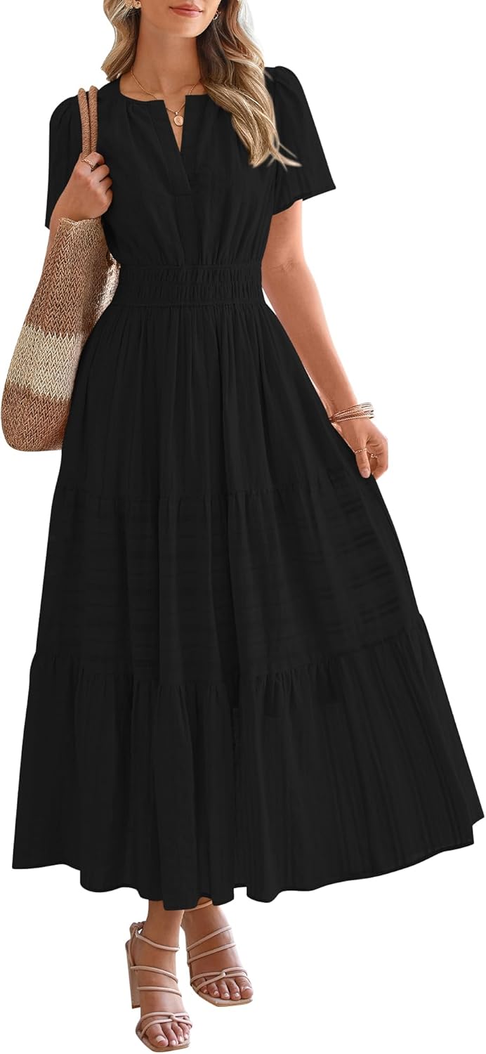61XA46Dp1L._AC_SL1500_.jpg Womens Summer Casual Maxi Dresses | Lightweight Short Sve V Neck,Elastic Waist A Line Long Dress,Boho Beach Dress Pockets,Vacation Outfits,Fashion Clothing - Image 1