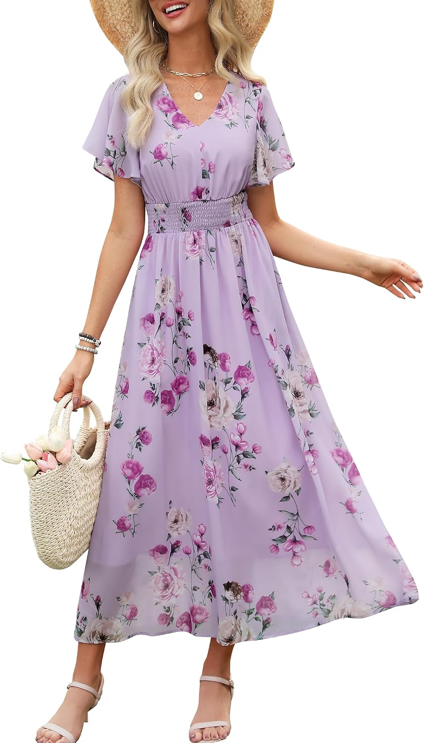 719qqCmt3oL._AC_SL1500_.jpg Womens Summer Floral Maxi Dress Casual V Neck Short Sve Chiffon Boho Flowy Beach Wedding Guest Long Dresses - Image 1