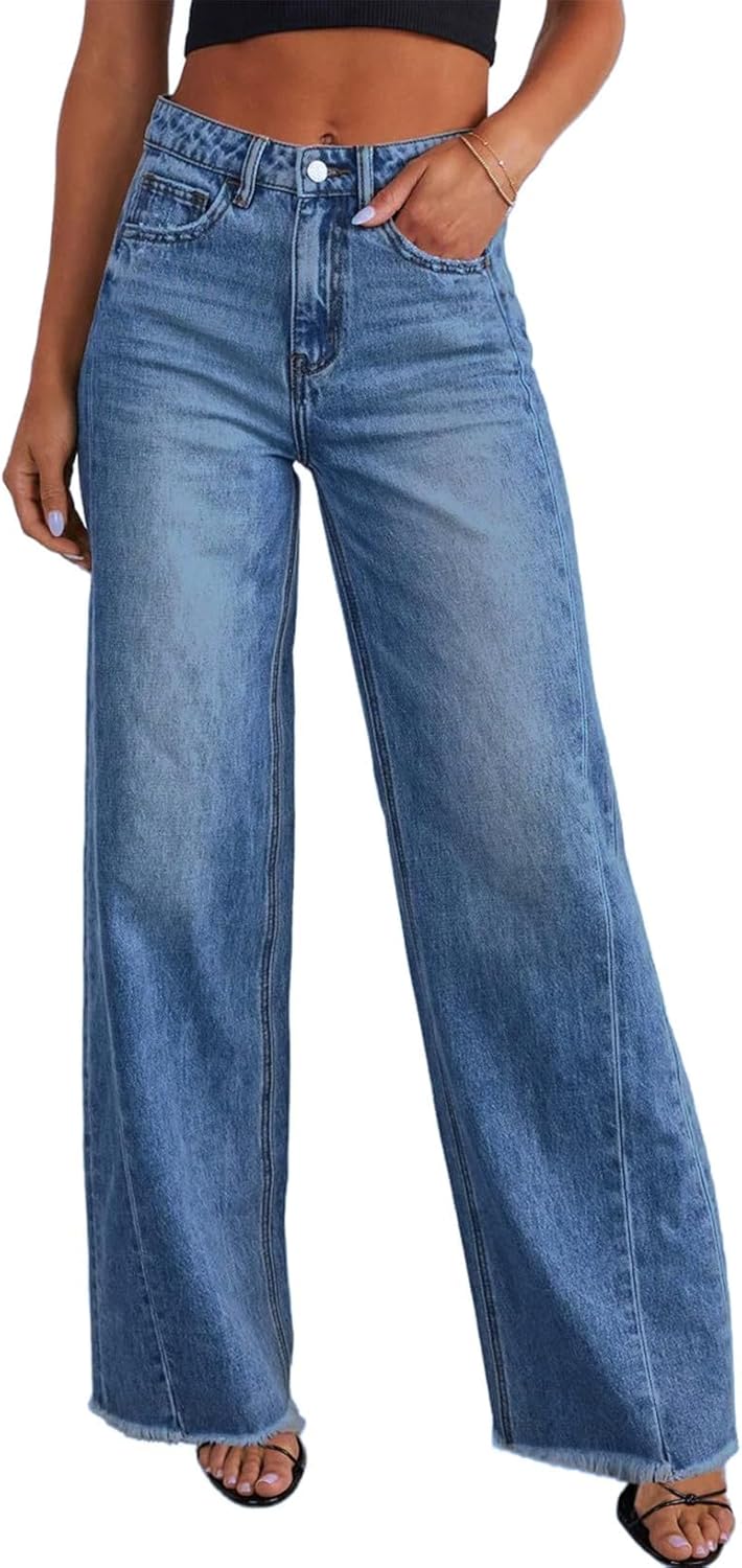 71COA9r5sYL._AC_SL1500_.jpg Women's Wide Leg Jeans High Waisted Stretchy Denim Pants | Raw Hem, Side Seam, Full Length, Baggy Jeans, Boyfriend Fit, Trendy, Fashion Clothing - Image 1