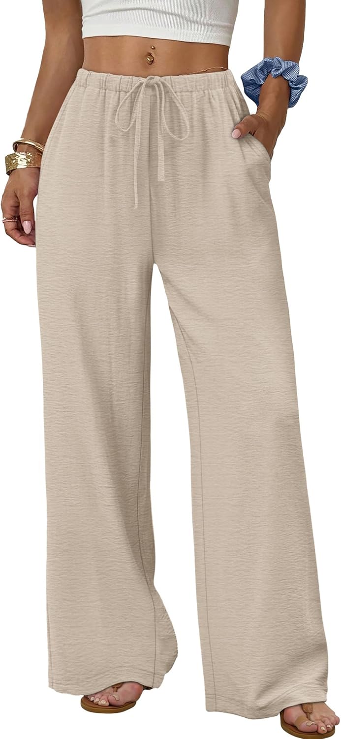 71UObPvtXL._AC_SL1500_.jpg Wide Leg Pants for Women Flowy Palazzo Drawstring Elastic Waist Trousers with Pockets Summer Beach Vacation Clothes - Image 1